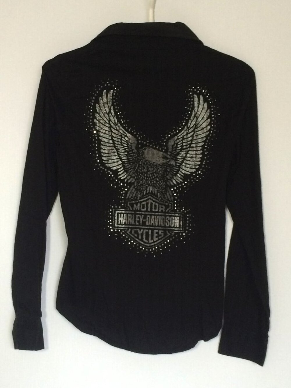 Harley Davidson Womens Black Blouse Small Rhinestones Eagle Long Sleeve 2008 HD